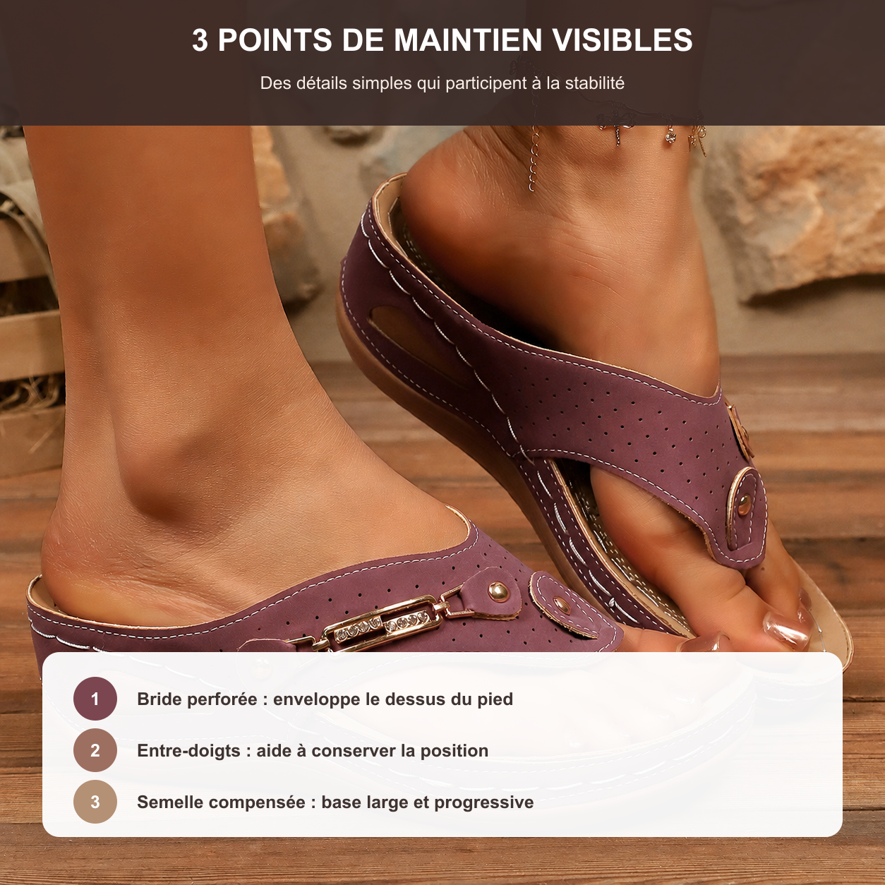 Trois points de maintien visibles de la sandale