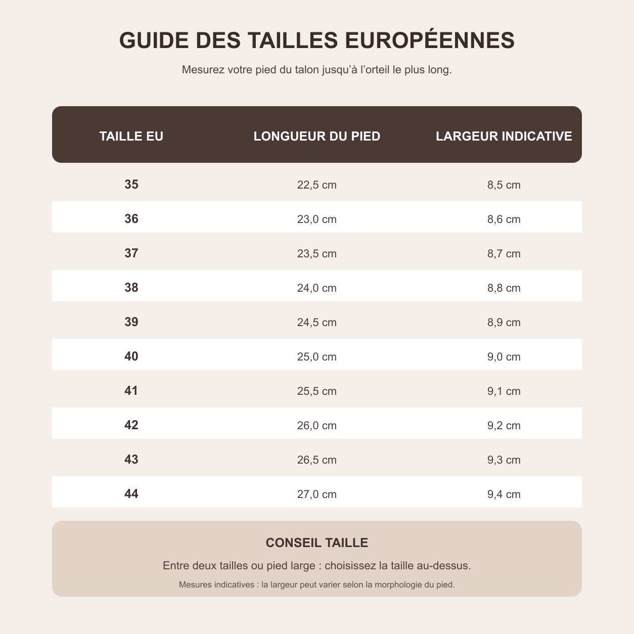 Guide fran&ccedil;ais des tailles europ&eacute;ennes 35 &agrave; 44 avec longueur et largeur du pied