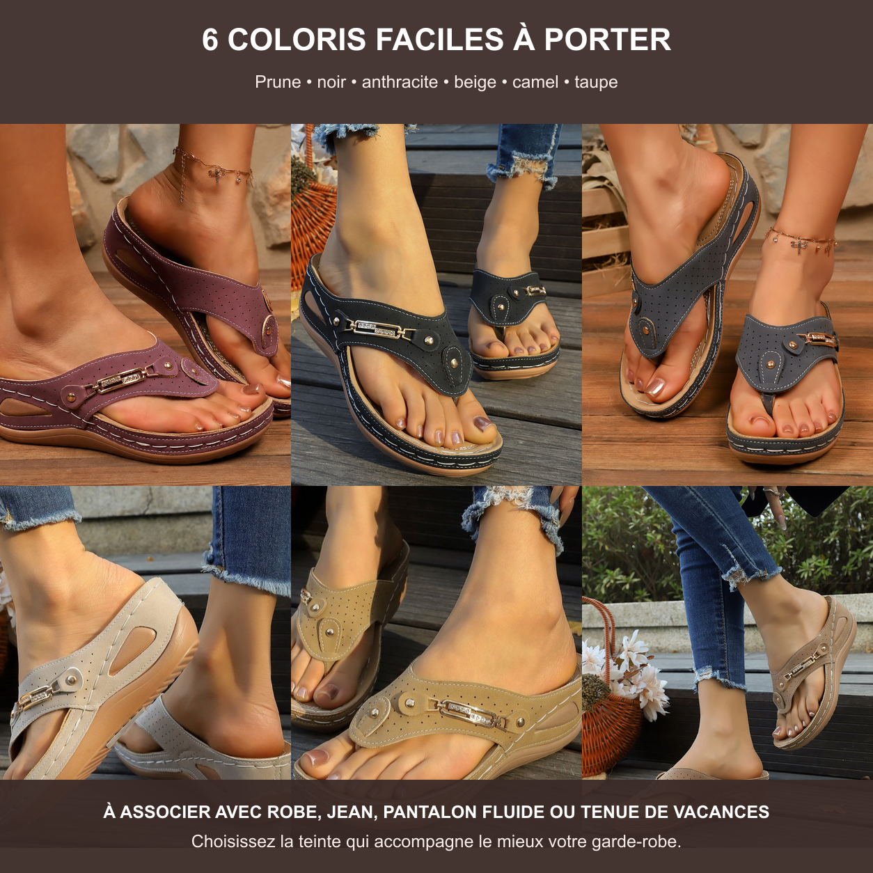 Six coloris disponibles pour les sandales femme