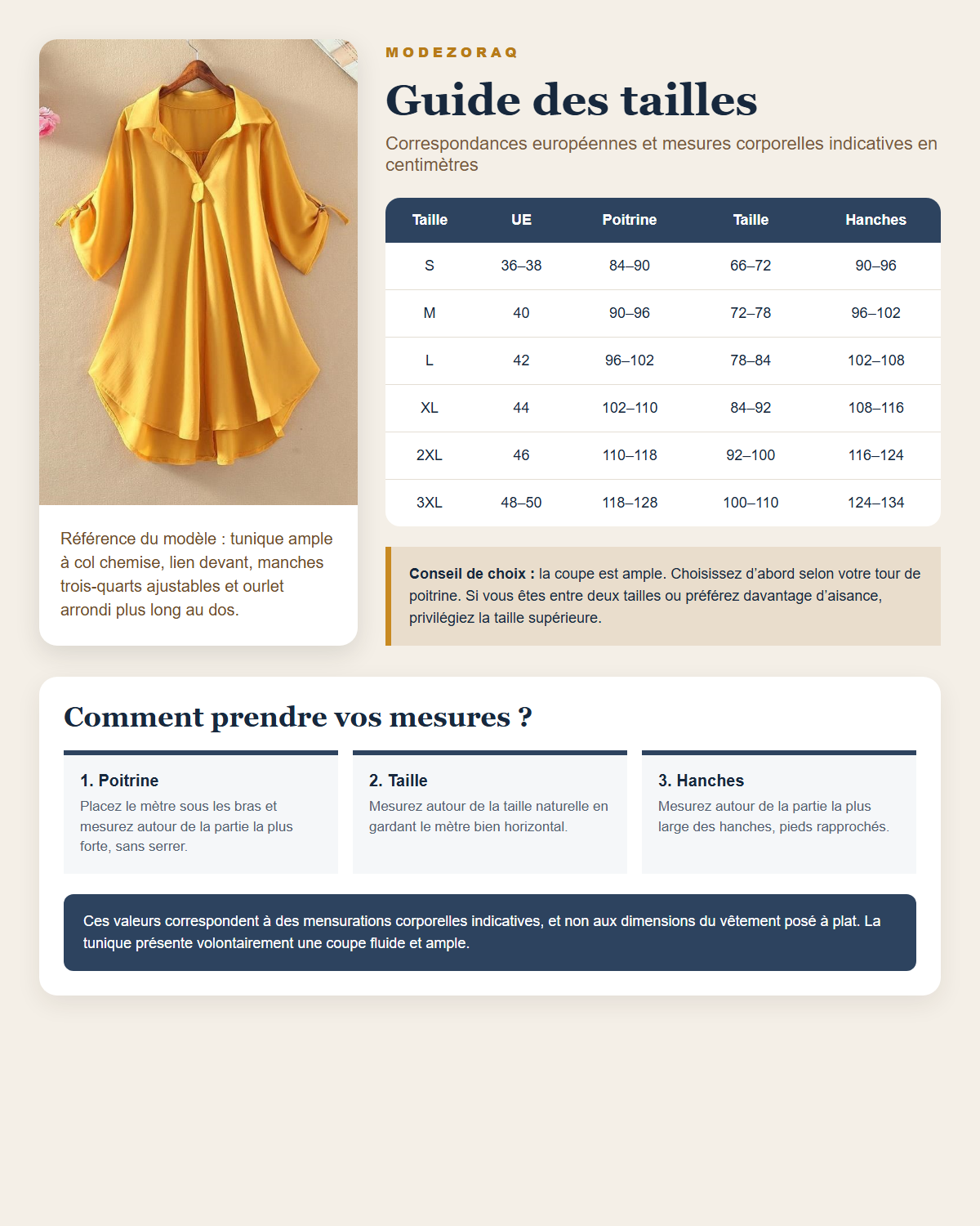 Guide détaillé des tailles européennes S à 3XL avec la tunique comme référence