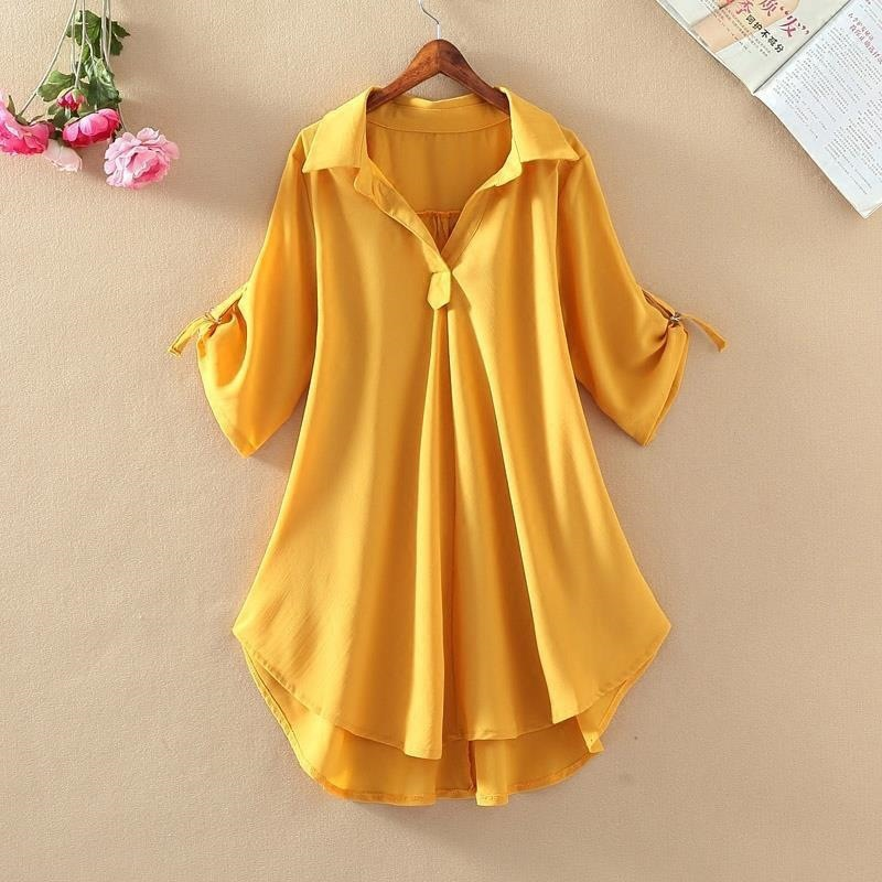 Túnica holgada de mujer en amarillo mostaza con cuello anudado