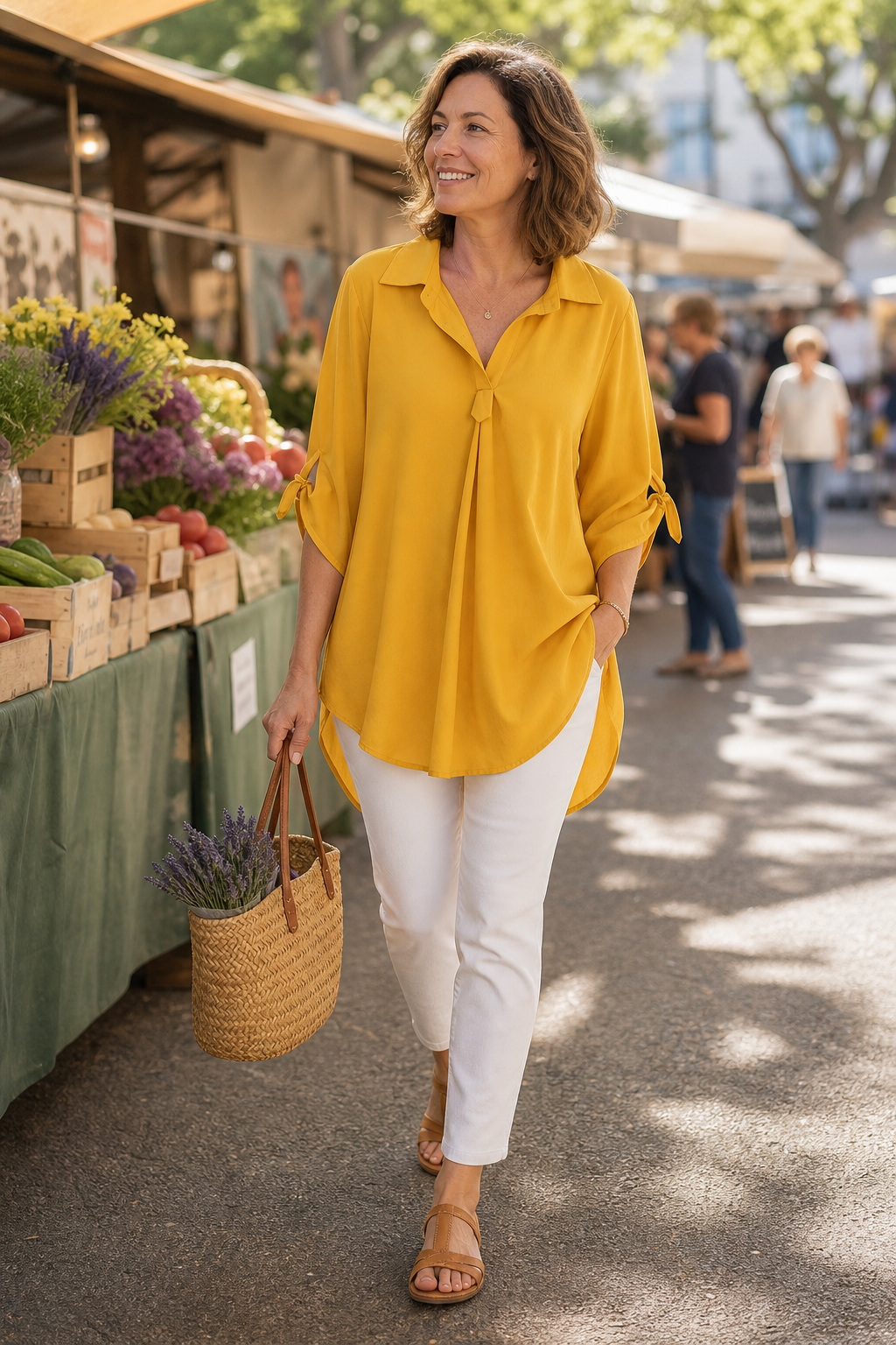 Femme française portant la tunique jaune moutarde au marché en Provence