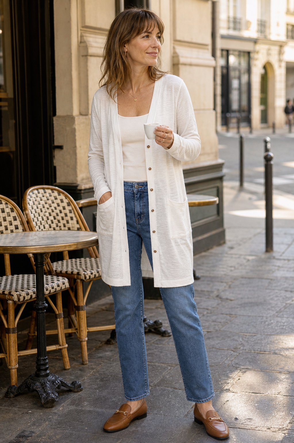 Femme fran&ccedil;aise portant le cardigan ivoire sur une terrasse parisienne