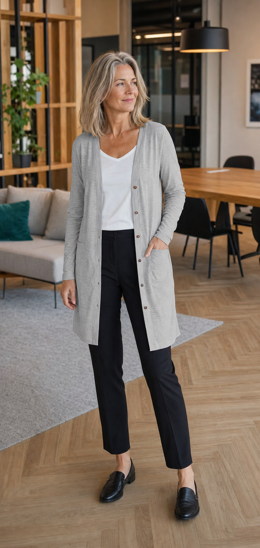 Femme fran&ccedil;aise portant le cardigan gris clair dans un espace de travail &agrave; Lyon