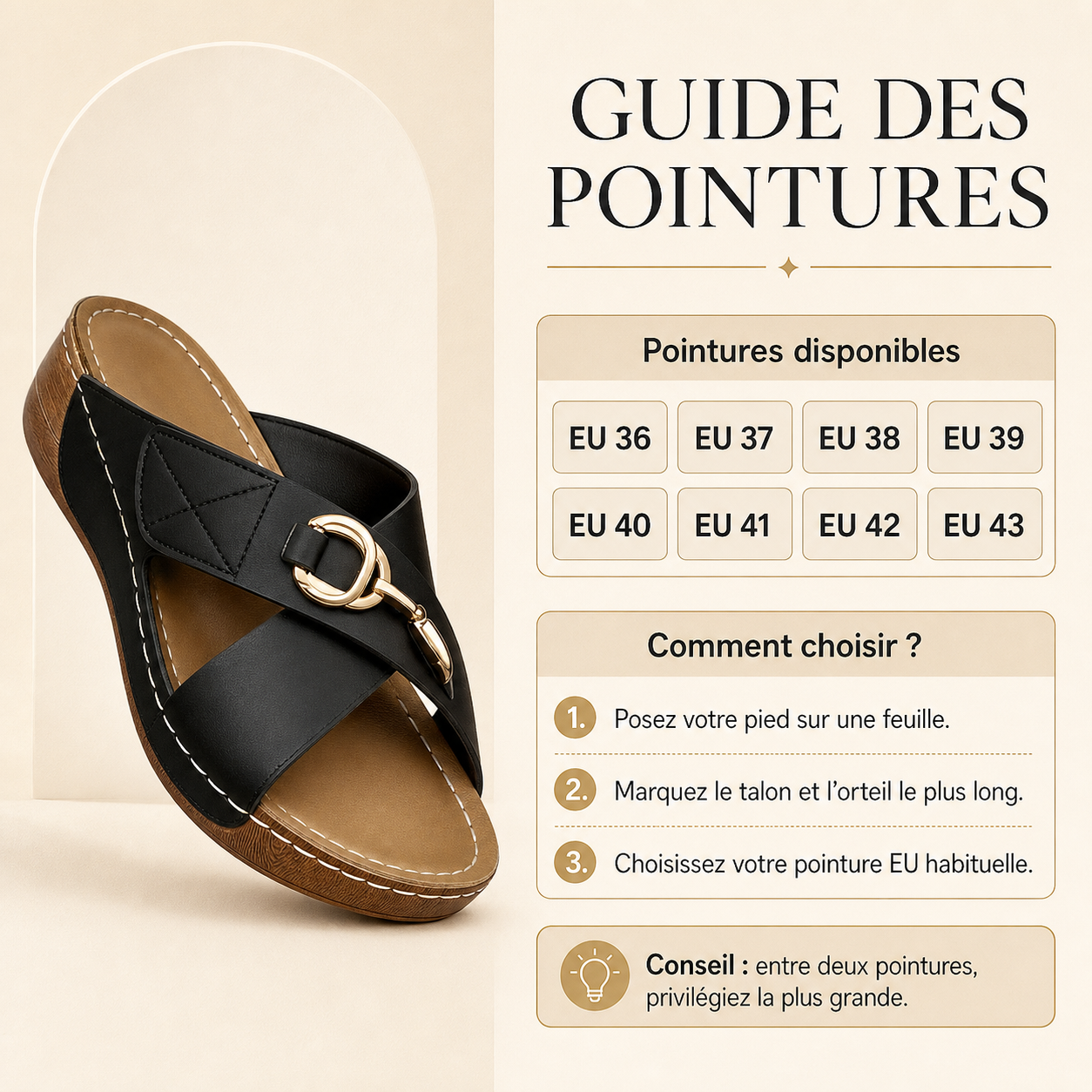 Guide EU 36 à EU 43 avec les mules noires comme référence