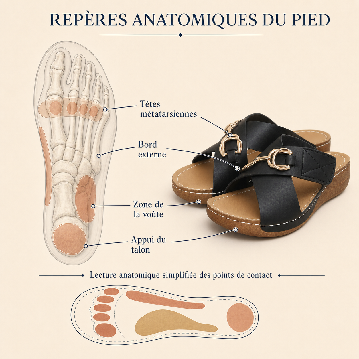 Repères anatomiques simplifiés et points de contact du pied