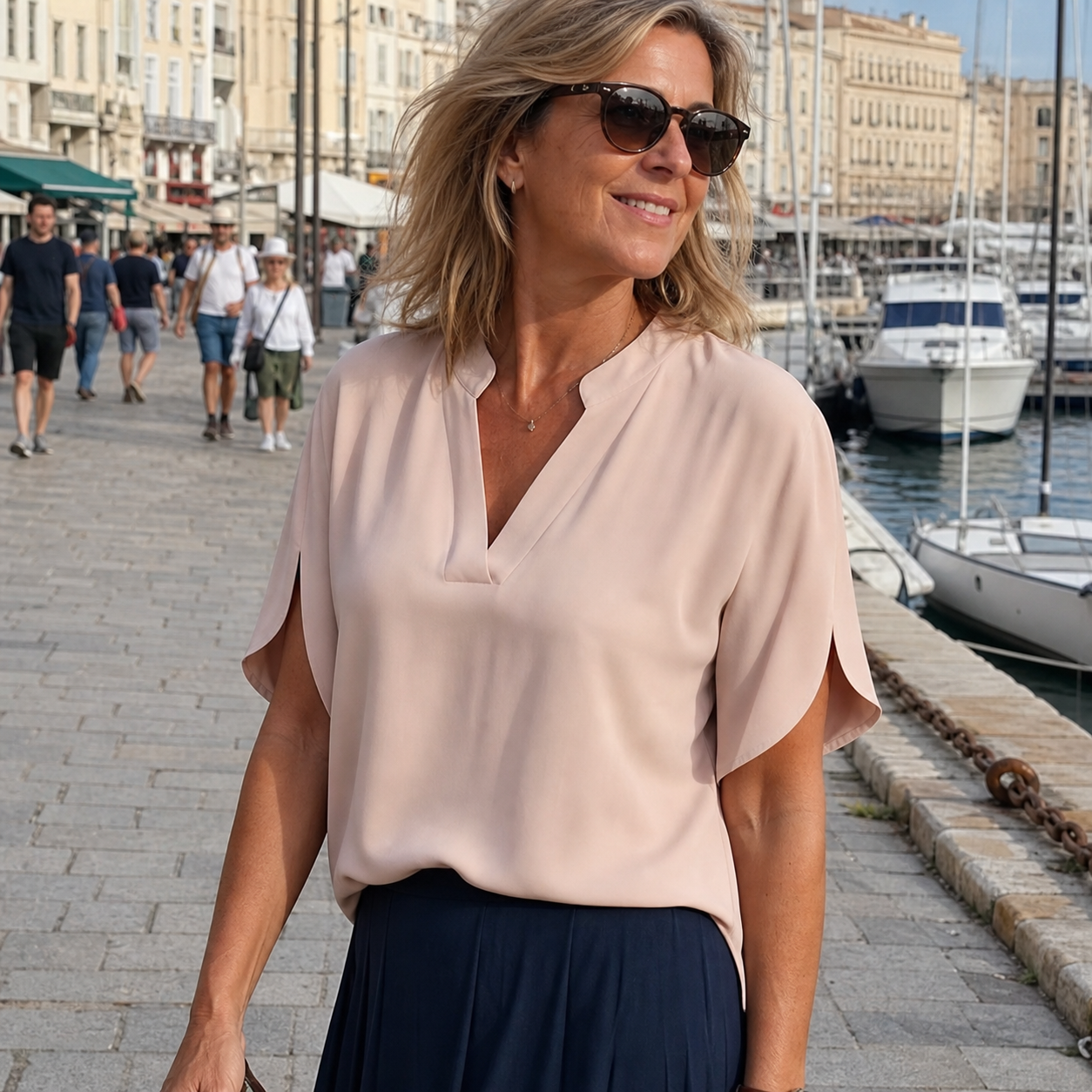 Mujer con blusa rosa empolvado junto al puerto