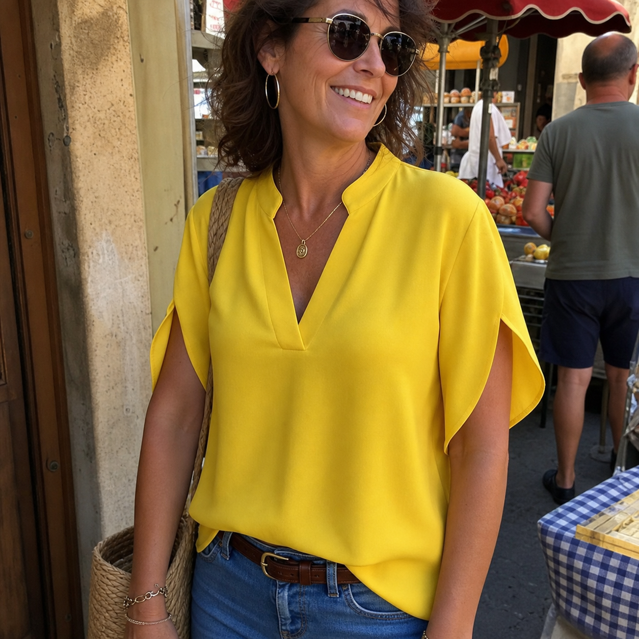 Mujer con blusa amarilla en un mercado exterior