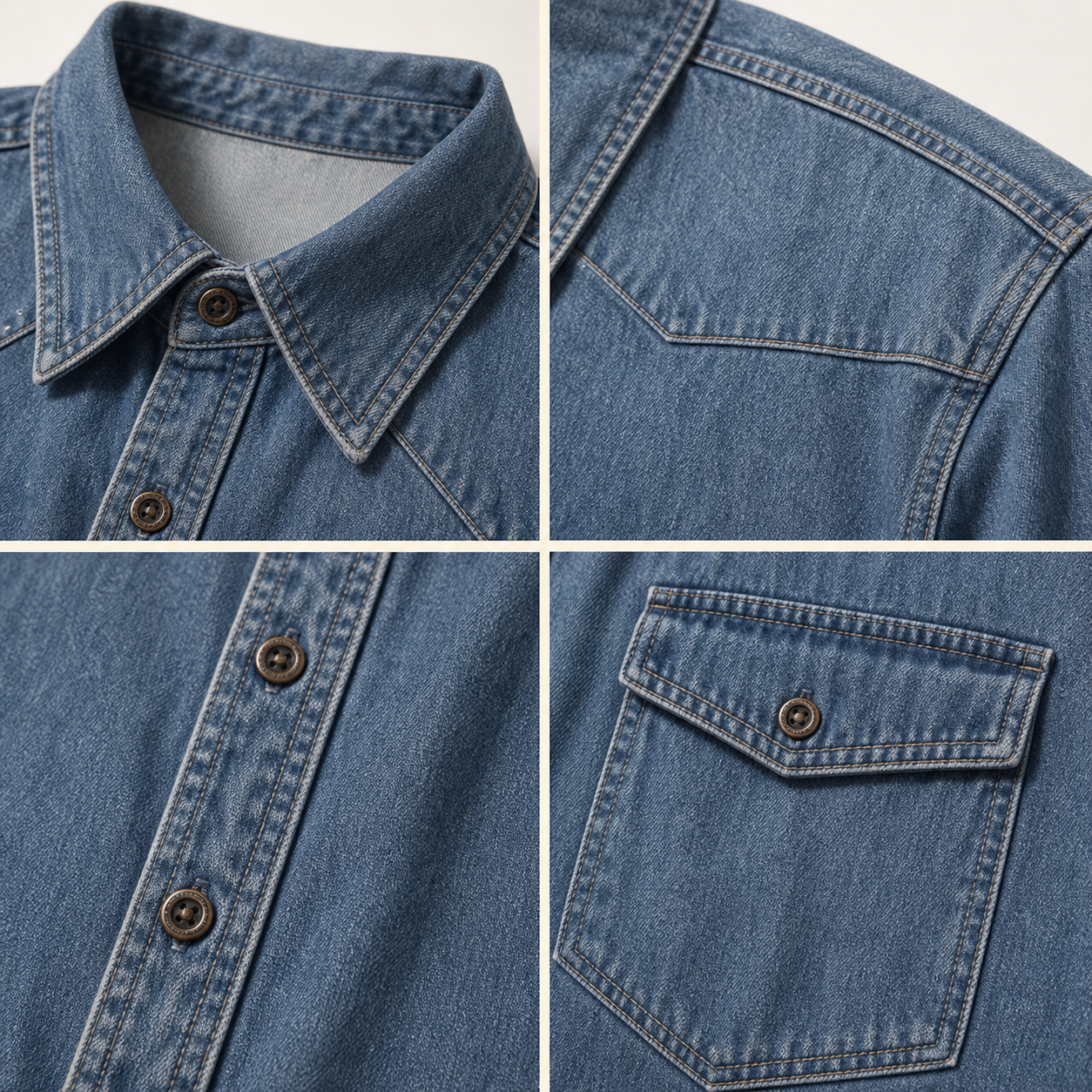 D&eacute;tails du col, du boutonnage et des poches de la surchemise en denim bleu