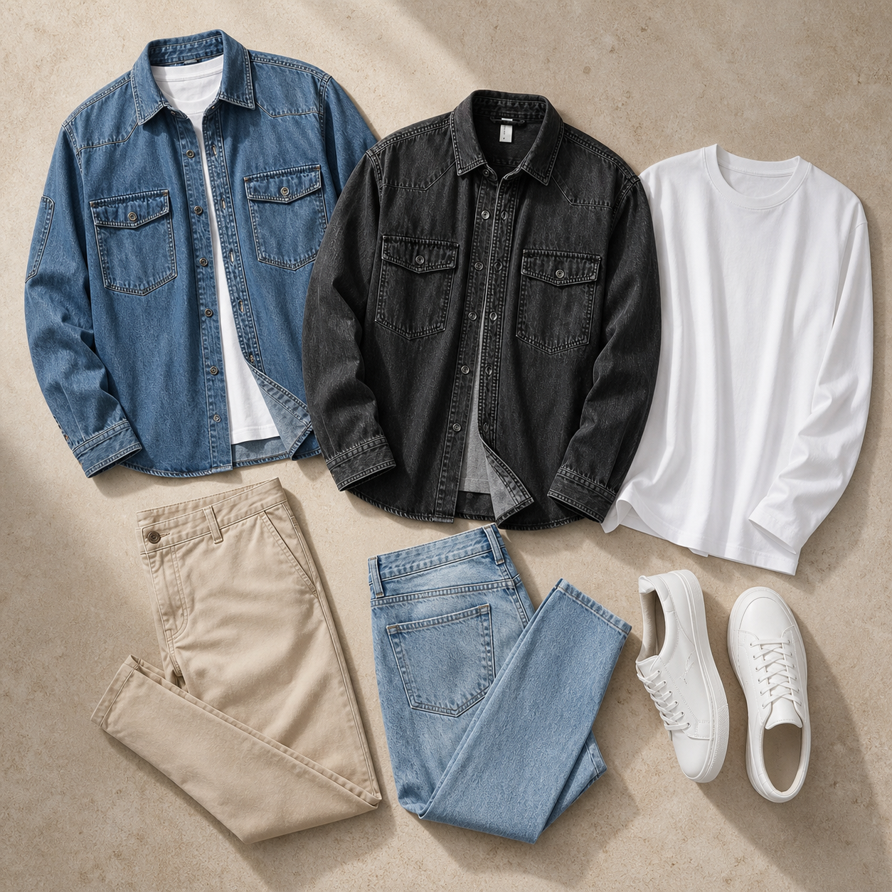 Les trois mod&egrave;les pr&eacute;sent&eacute;s ensemble : denim bleu, denim noir et haut blanc