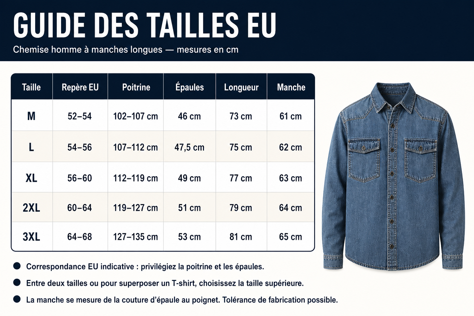 Guide d&eacute;taill&eacute; des tailles europ&eacute;ennes M &agrave; 3XL avec la surchemise bleue comme r&eacute;f&eacute;rence