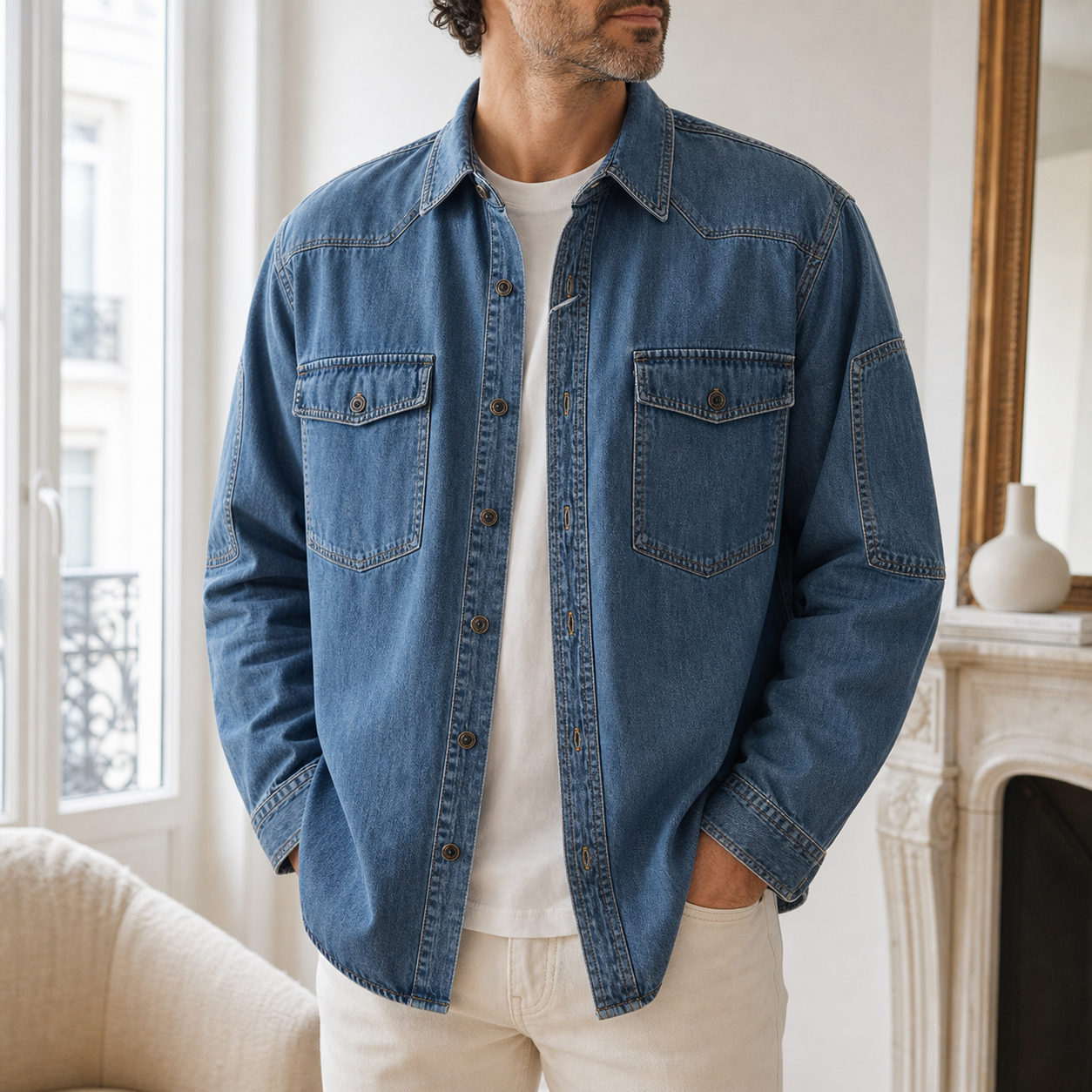 Surchemise homme en denim bleu lavé à manches longues et deux poches poitrine