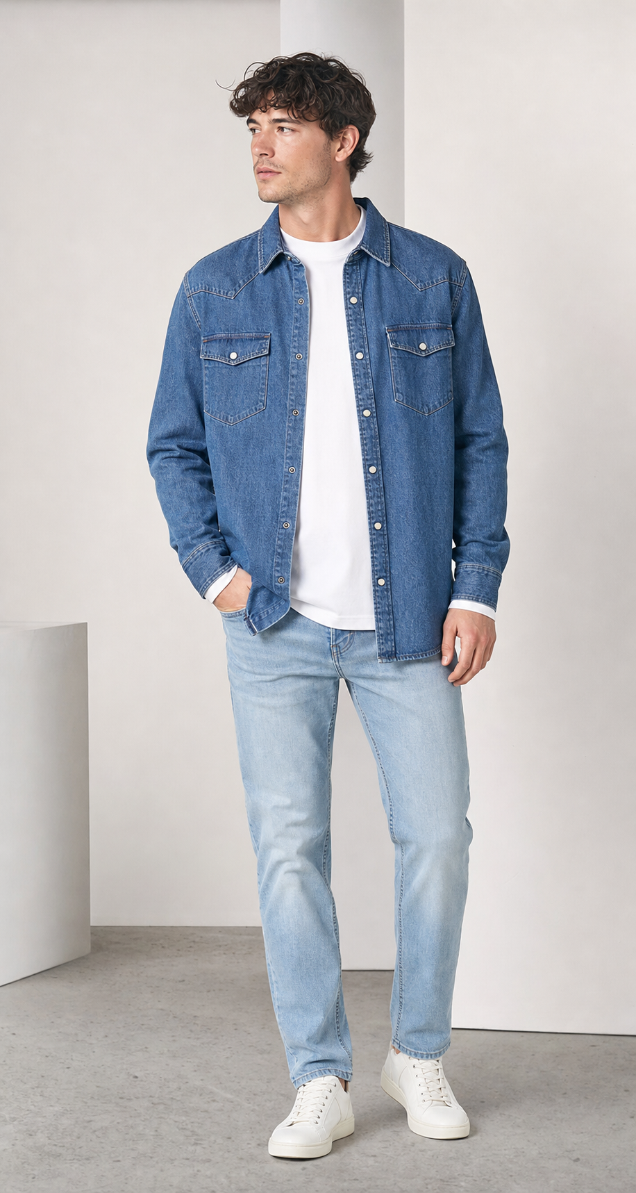 Homme fran&ccedil;ais portant la surchemise en denim bleu avec un jean clair