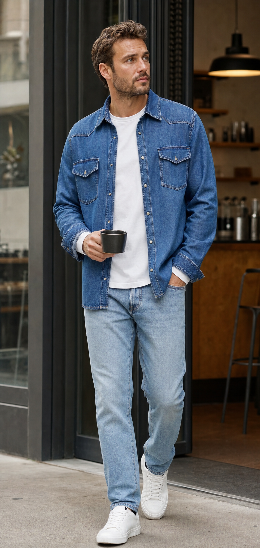 Surchemise en denim bleu port&eacute;e dans un caf&eacute; en France