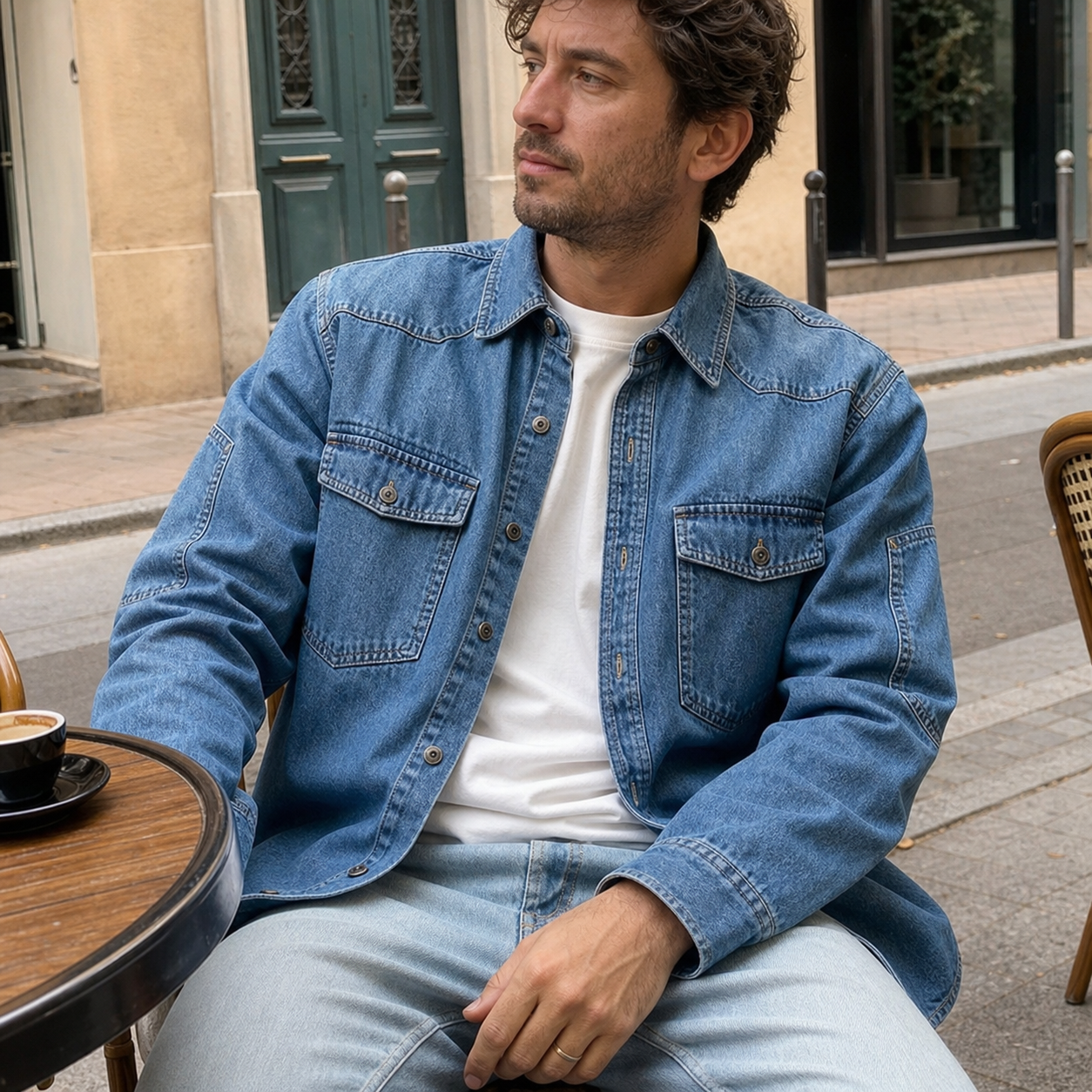 Homme en France portant l&rsquo;un des mod&egrave;les dans une sc&egrave;ne quotidienne, exemple 1