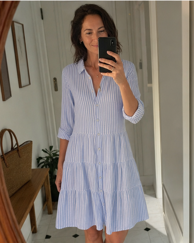 Robe-chemise rayée portée dans une scène quotidienne en France, association 1