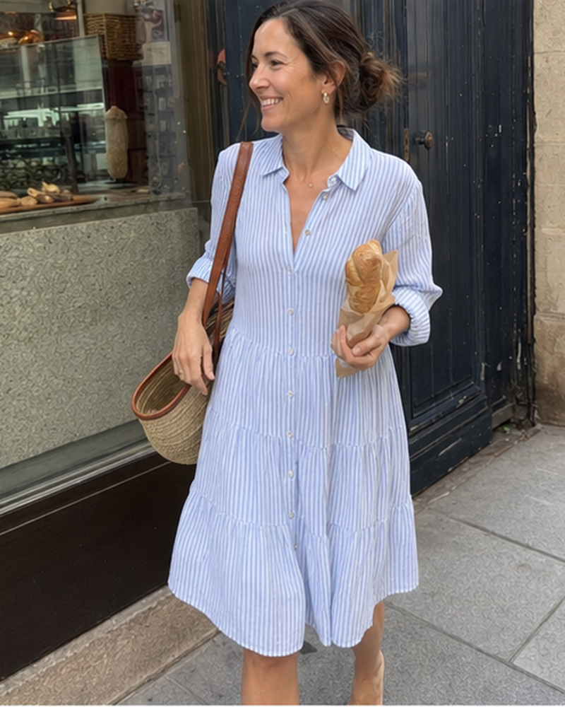 Robe-chemise rayée portée dans une scène quotidienne en France, association 3