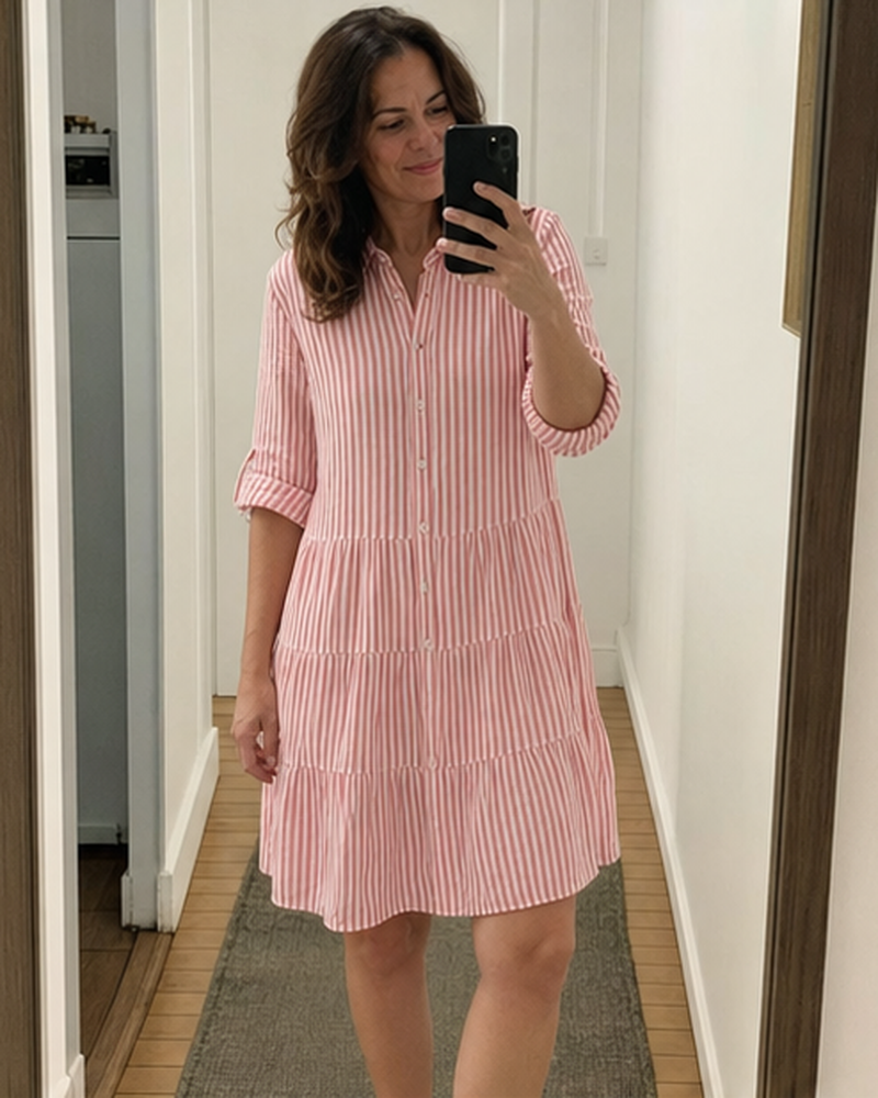 Robe-chemise rayée portée dans une scène quotidienne en France, association 13