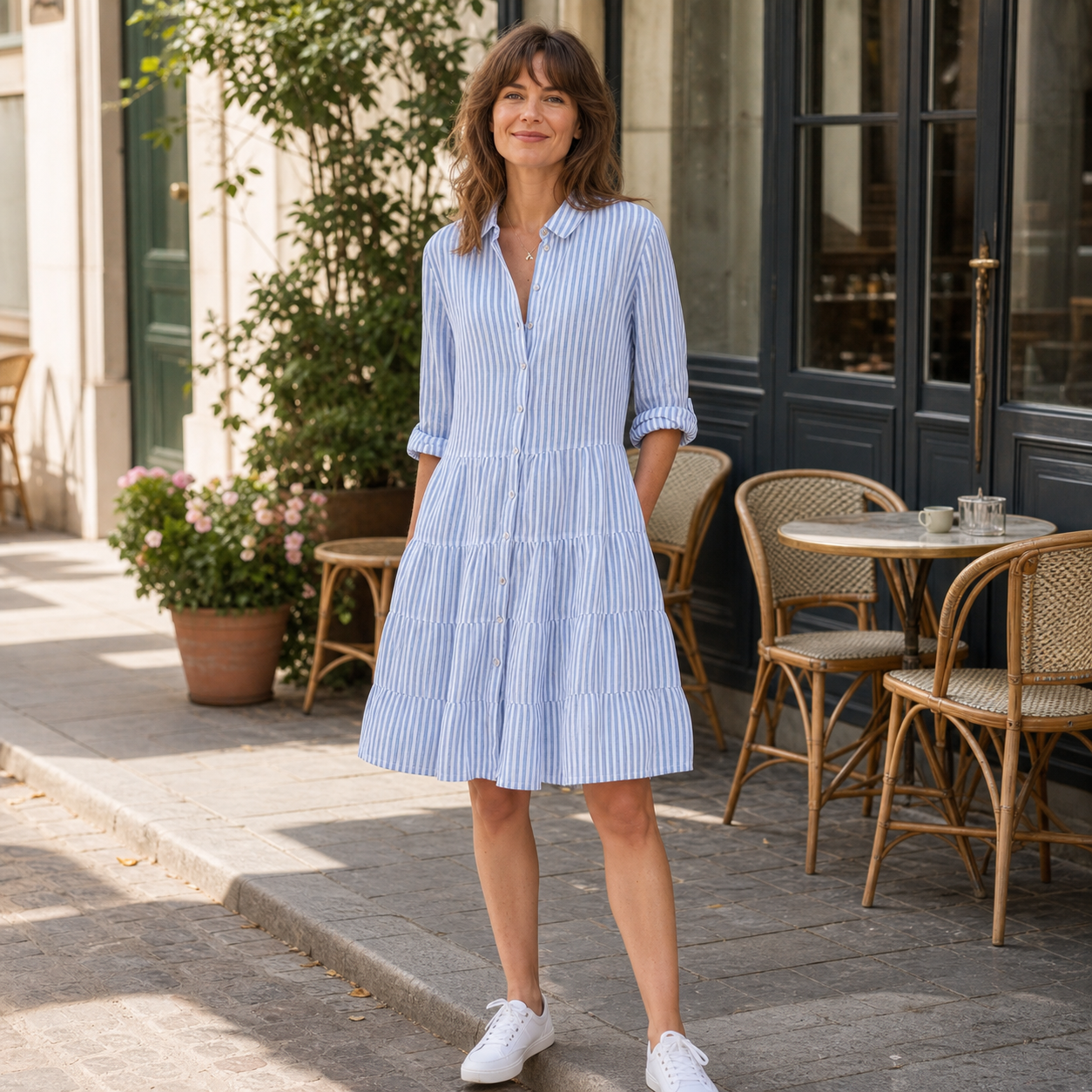 Femme française portant la robe-chemise rayée bleu ciel à une terrasse parisienne