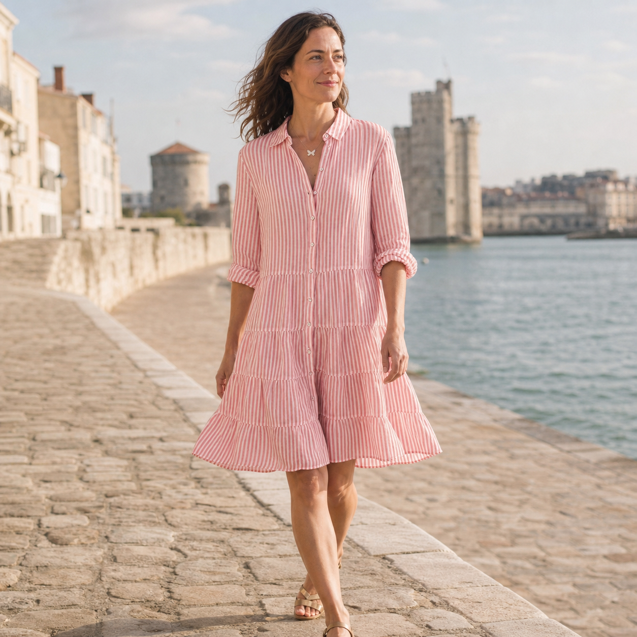 Femme française portant la robe-chemise rayée corail en promenade à La Rochelle
