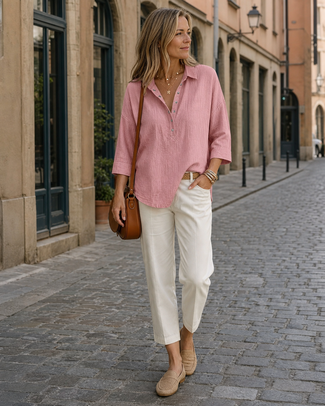 Association fran&ccedil;aise de la blouse Henley rose poudr&eacute; avec un pantalon fluide cr&egrave;me