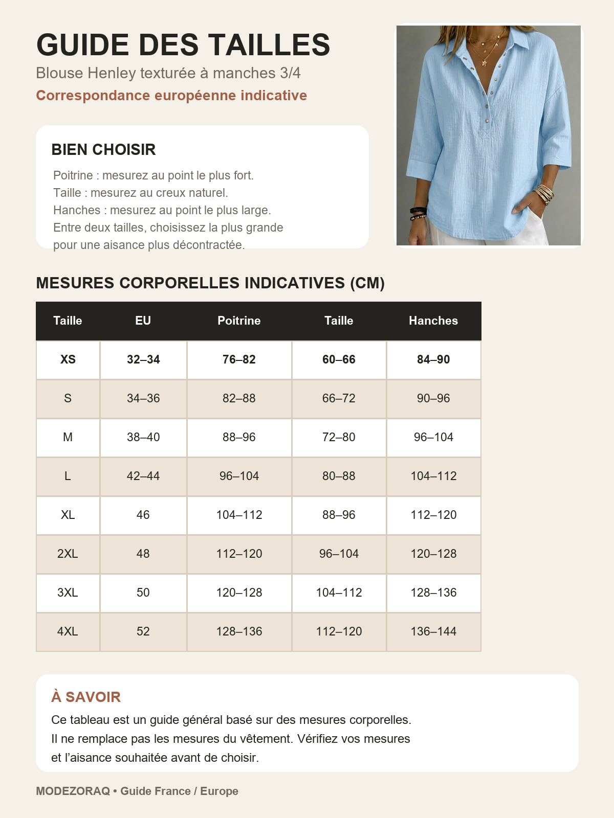 Guide d&eacute;taill&eacute; des tailles europ&eacute;ennes XS &agrave; 4XL avec la blouse Henley comme r&eacute;f&eacute;rence
