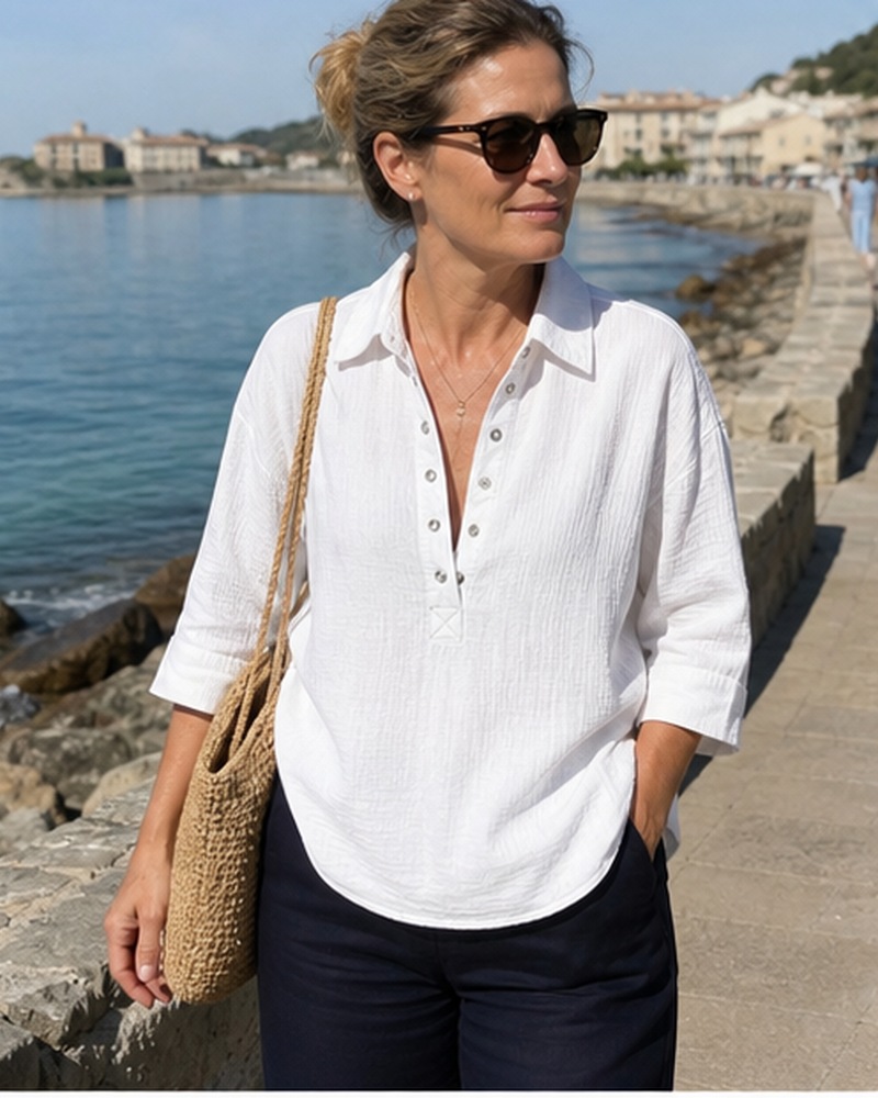 Blouse Henley textur&eacute;e port&eacute;e dans une sc&egrave;ne quotidienne en France, inspiration 3