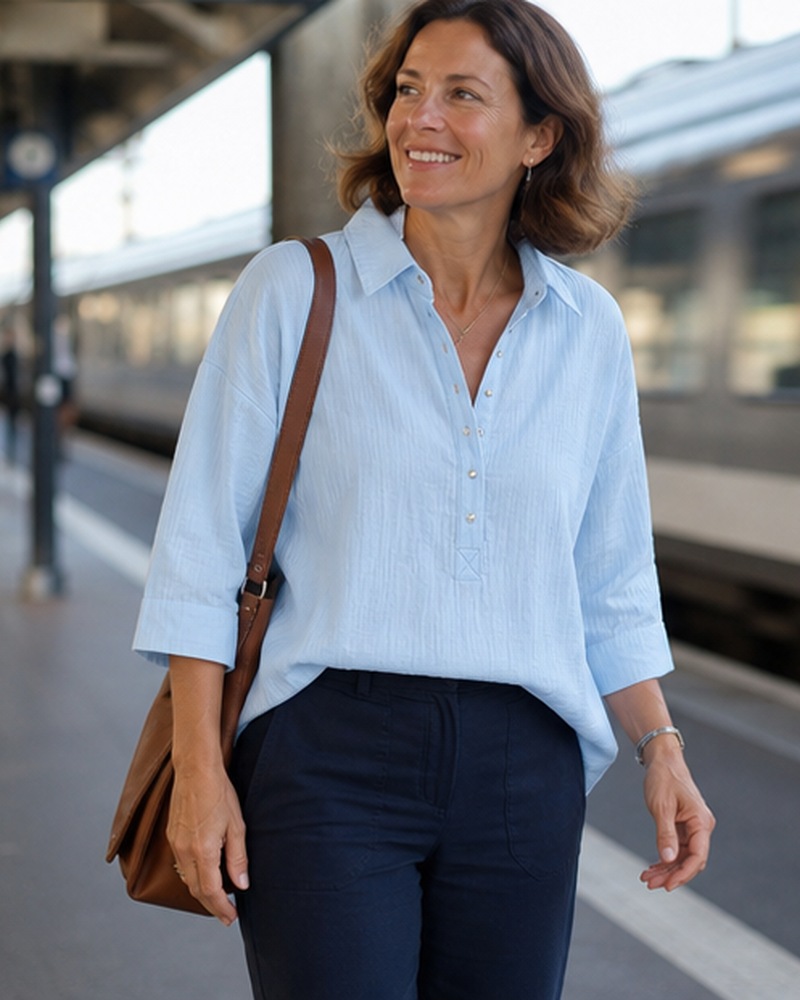 Blouse Henley textur&eacute;e port&eacute;e dans une sc&egrave;ne quotidienne en France, inspiration 7
