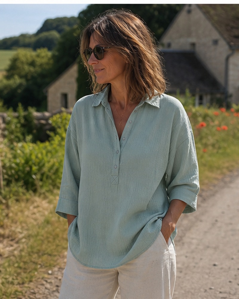 Blouse Henley textur&eacute;e port&eacute;e dans une sc&egrave;ne quotidienne en France, inspiration 10