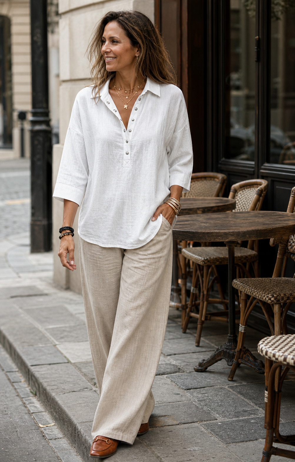 Femme fran&ccedil;aise portant la blouse Henley blanche &agrave; une terrasse parisienne