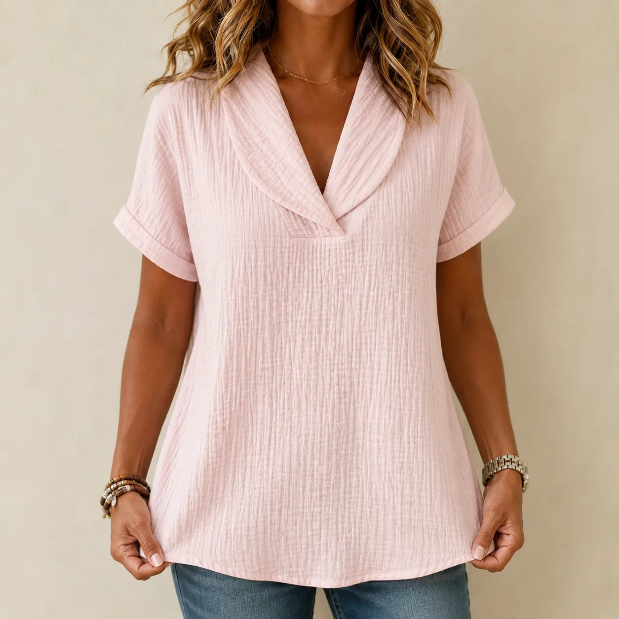 Top Sevella rose poudré à col châle en V