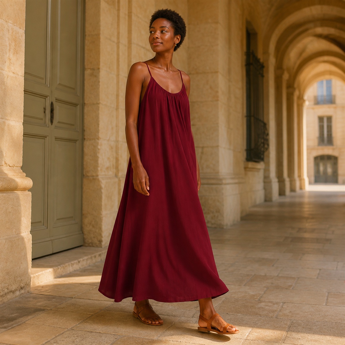 Robe longue Évasion bordeaux, vue entière