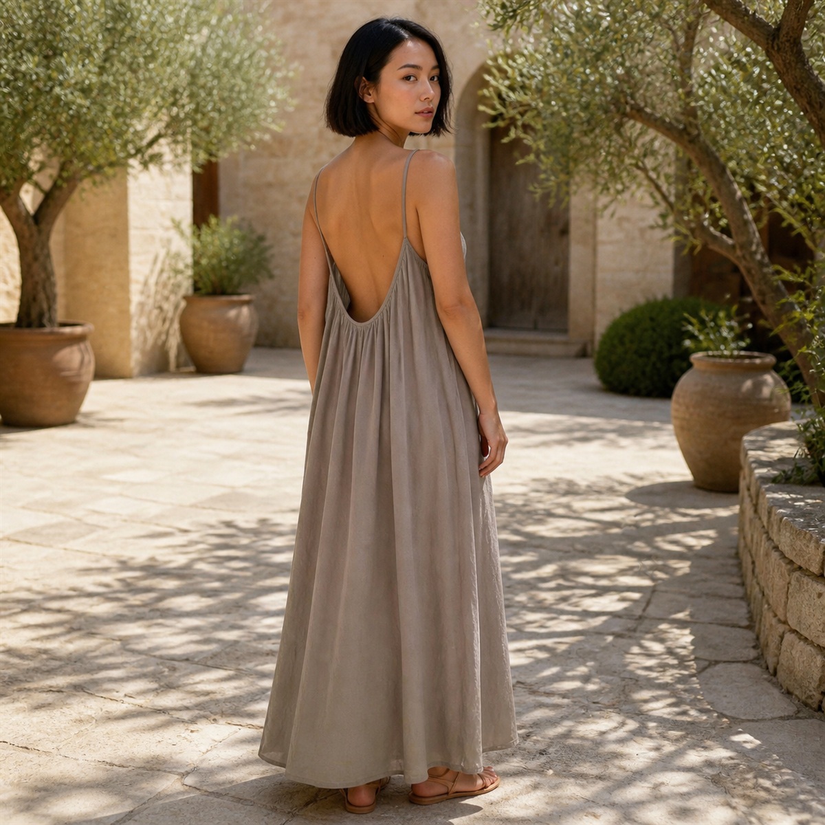 Robe longue Évasion taupe, vue entière