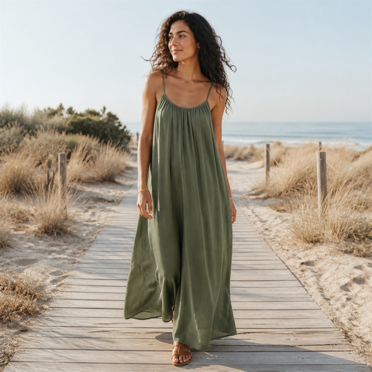 Robe longue Évasion vert kaki, vue entière