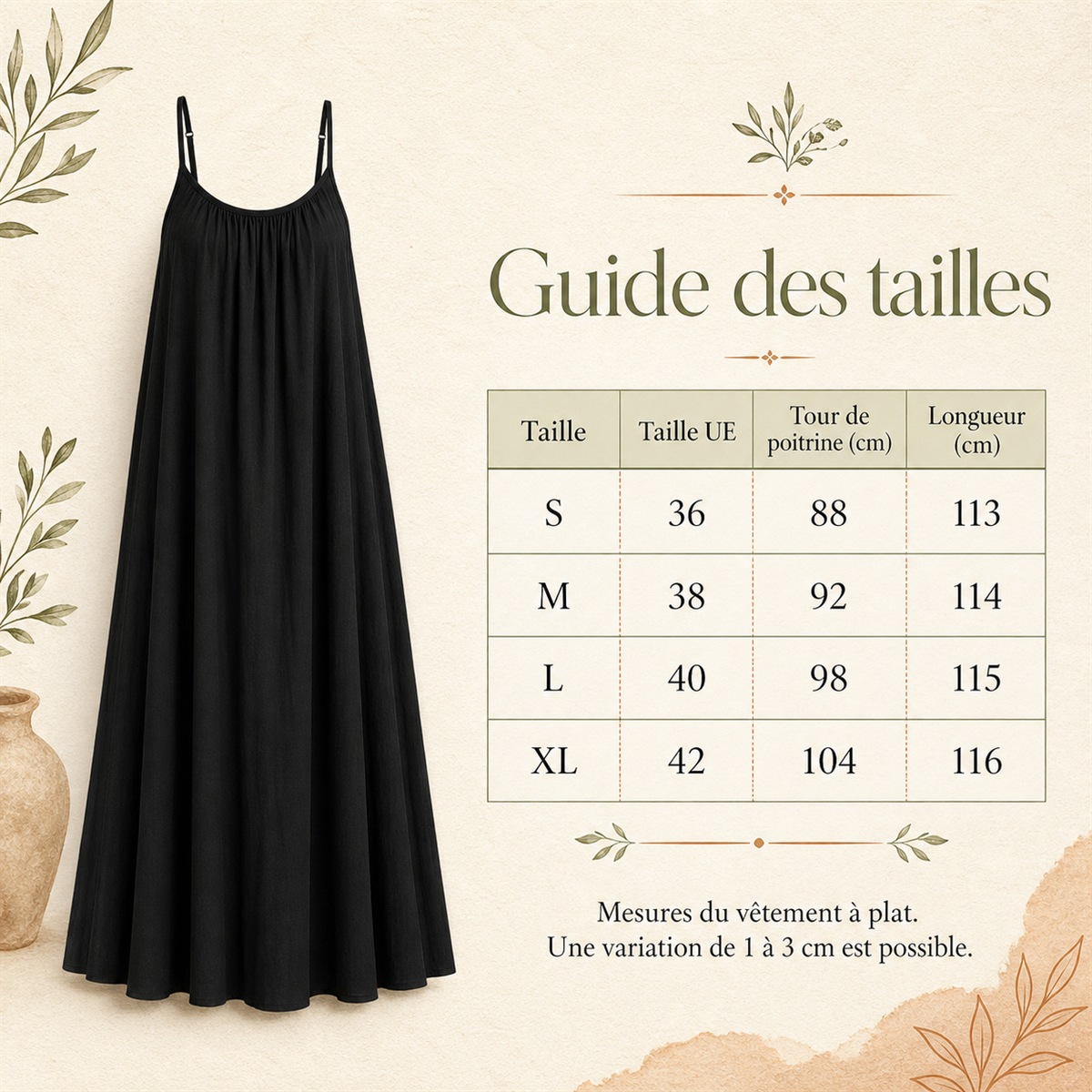 Guide des tailles européennes de la robe Évasion