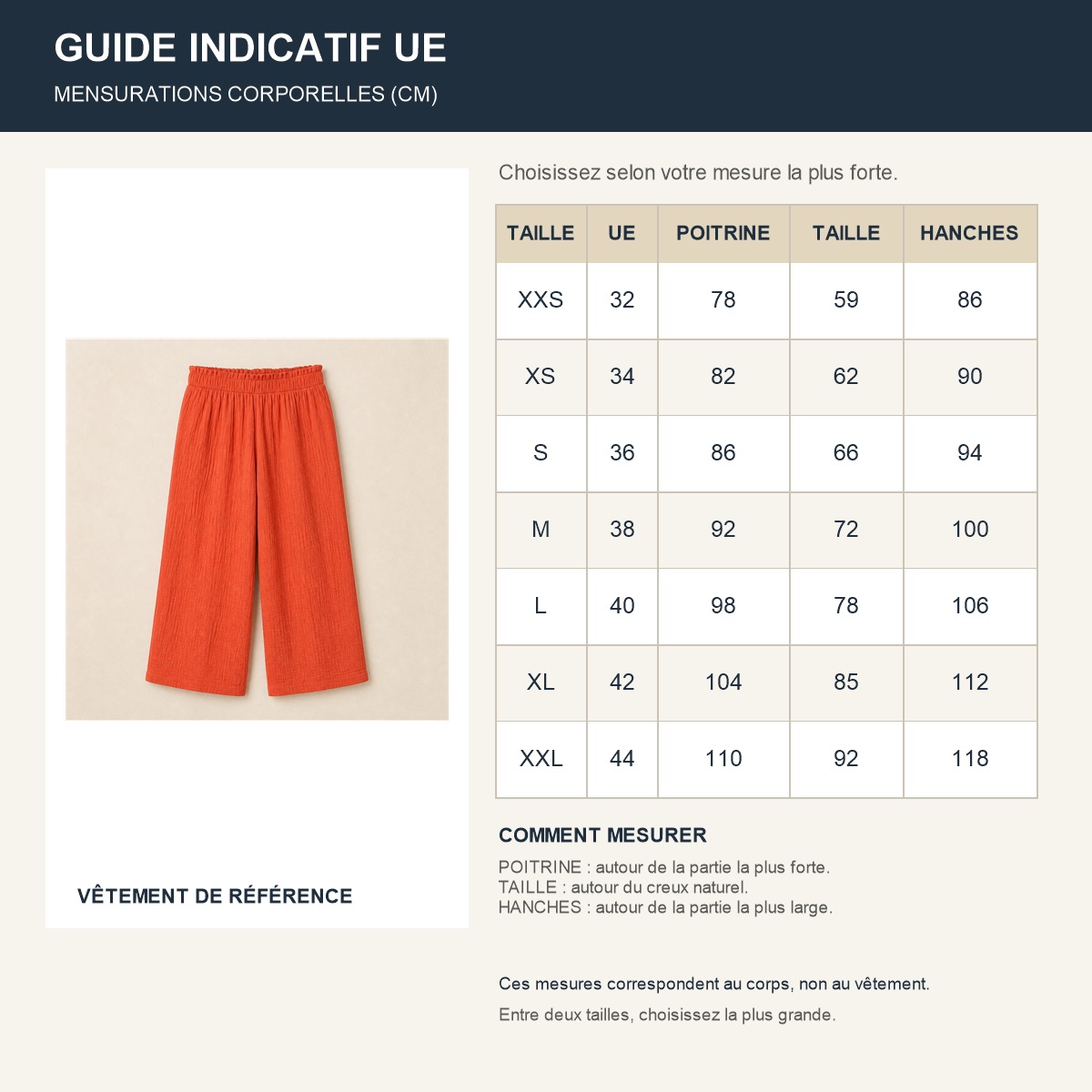 Guide des tailles europeennes de la jupe-culotte