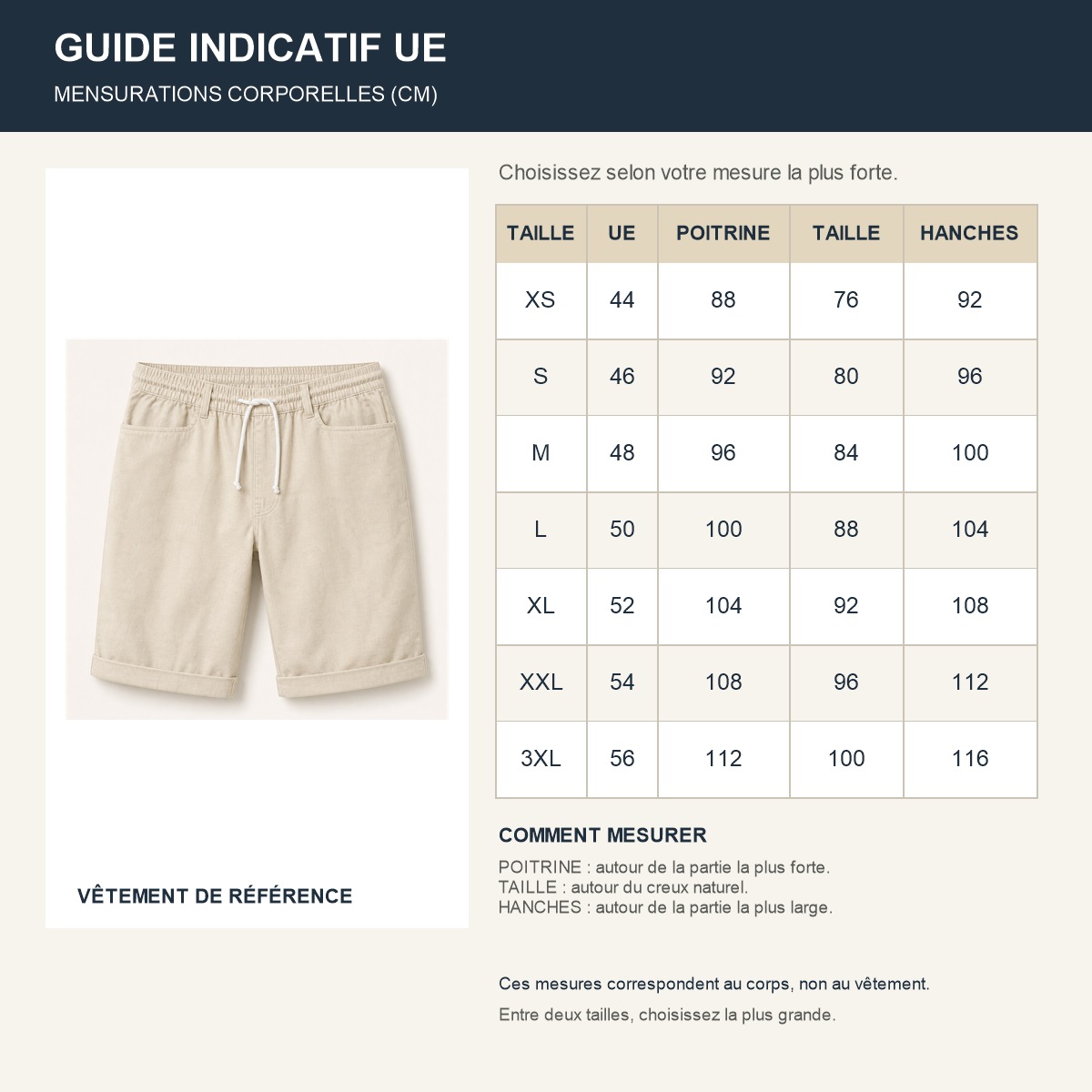 Guide des tailles europeennes du bermuda