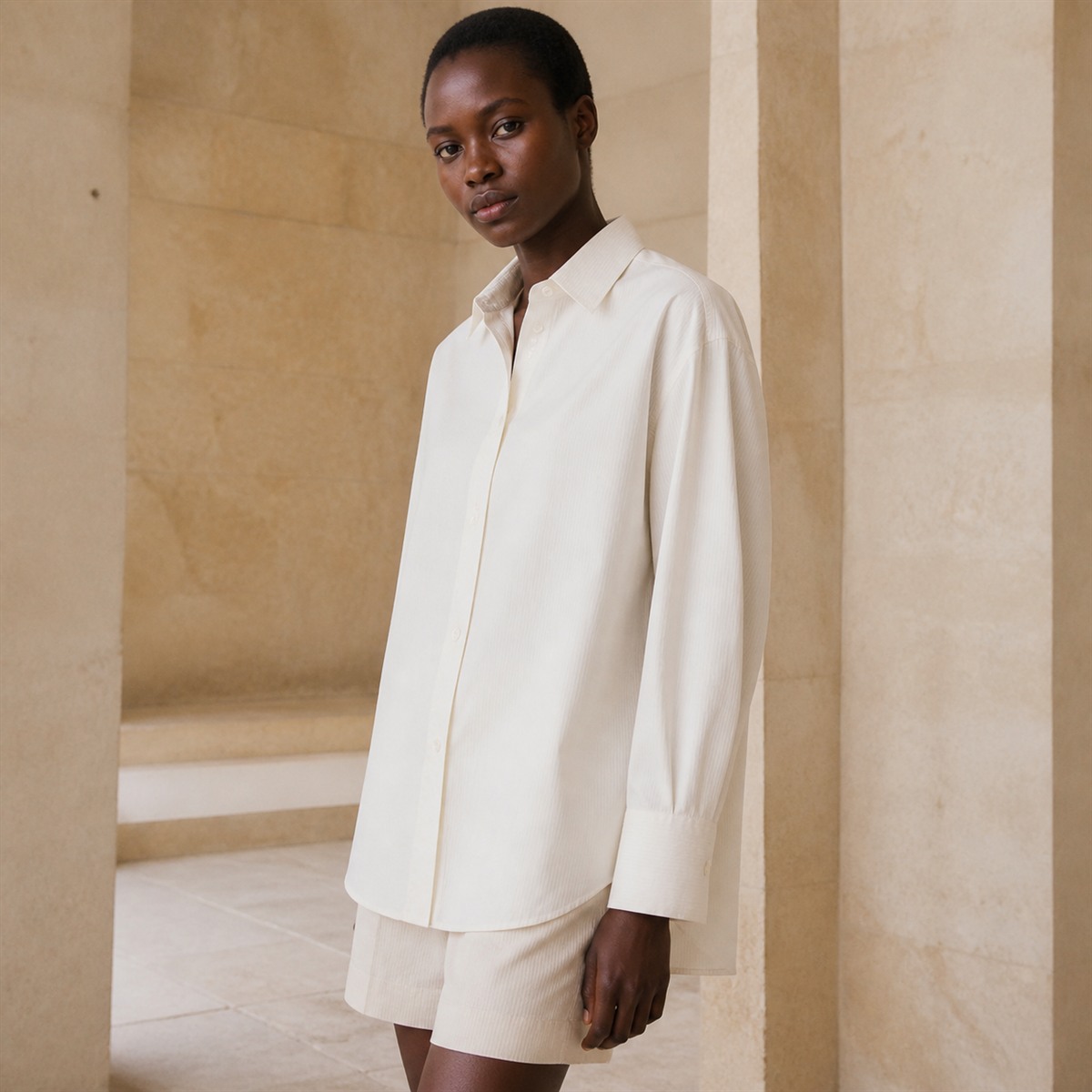 Chemise oversize écrue portée