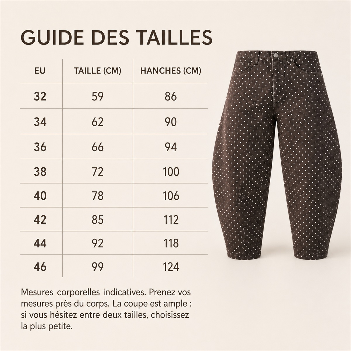 Guide des tailles européennes du jean à pois