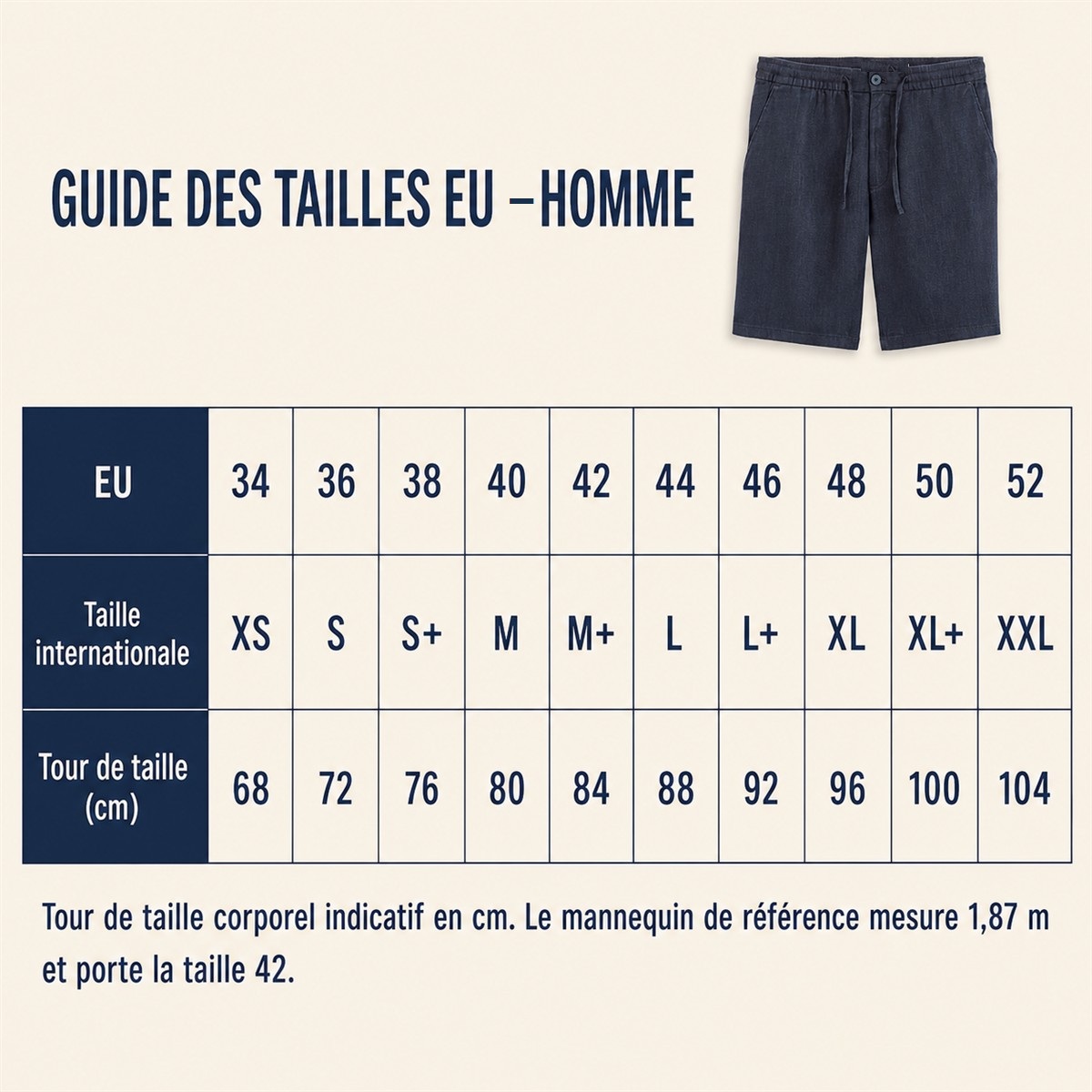 Guide des tailles européennes du bermuda