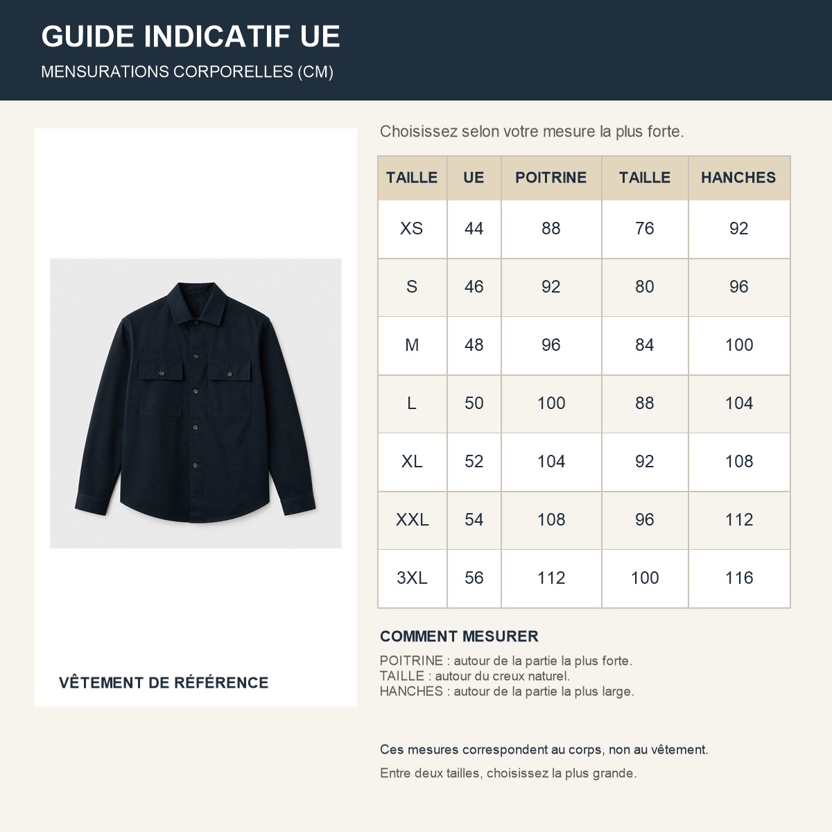 Guide des tailles européennes de la surchemise