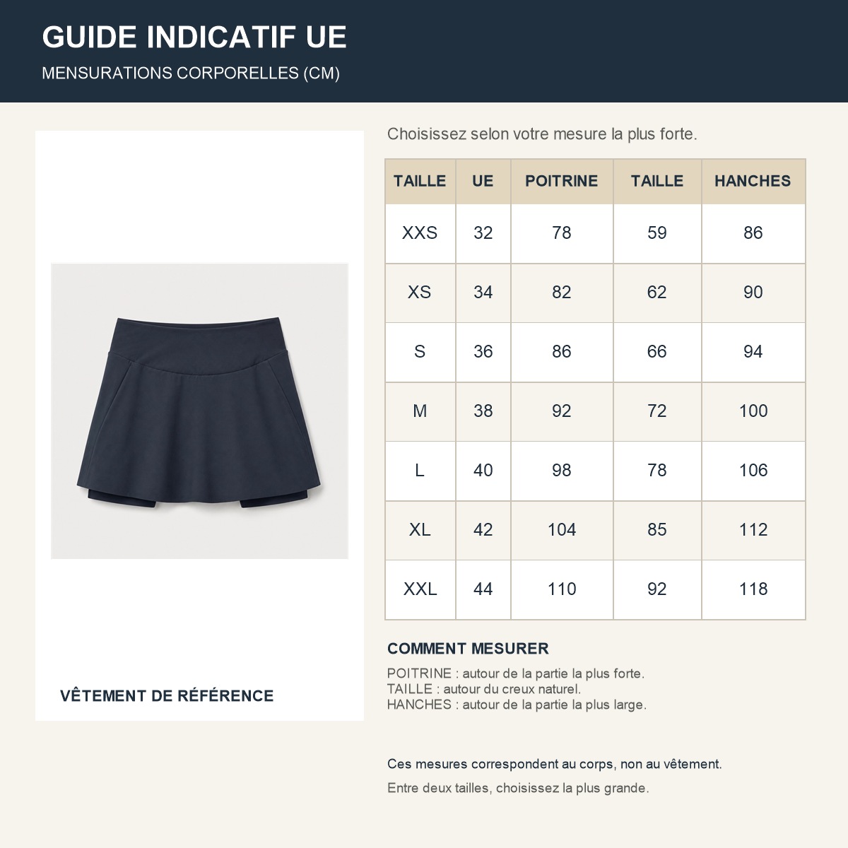 Guide des tailles européennes de la jupe-short