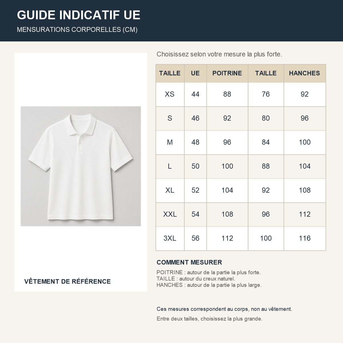Guide des tailles européennes du polo AIRism