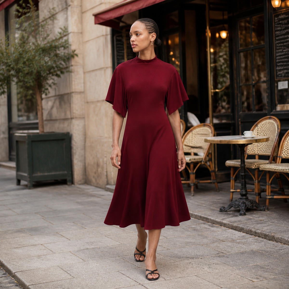Robe midi bordeaux portée en ville