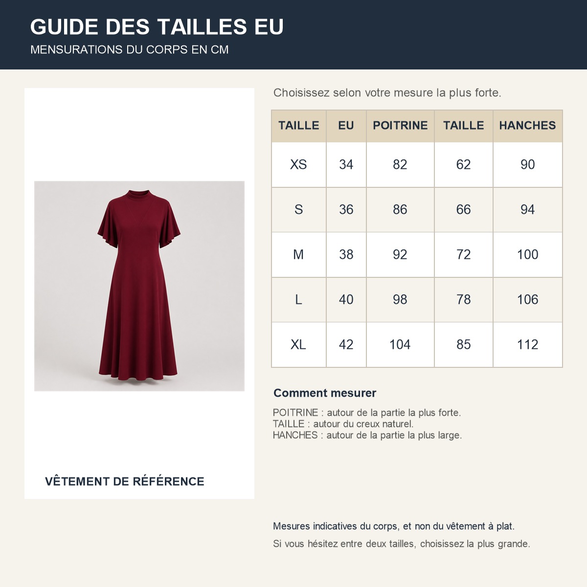 Guide des correspondances de tailles européennes