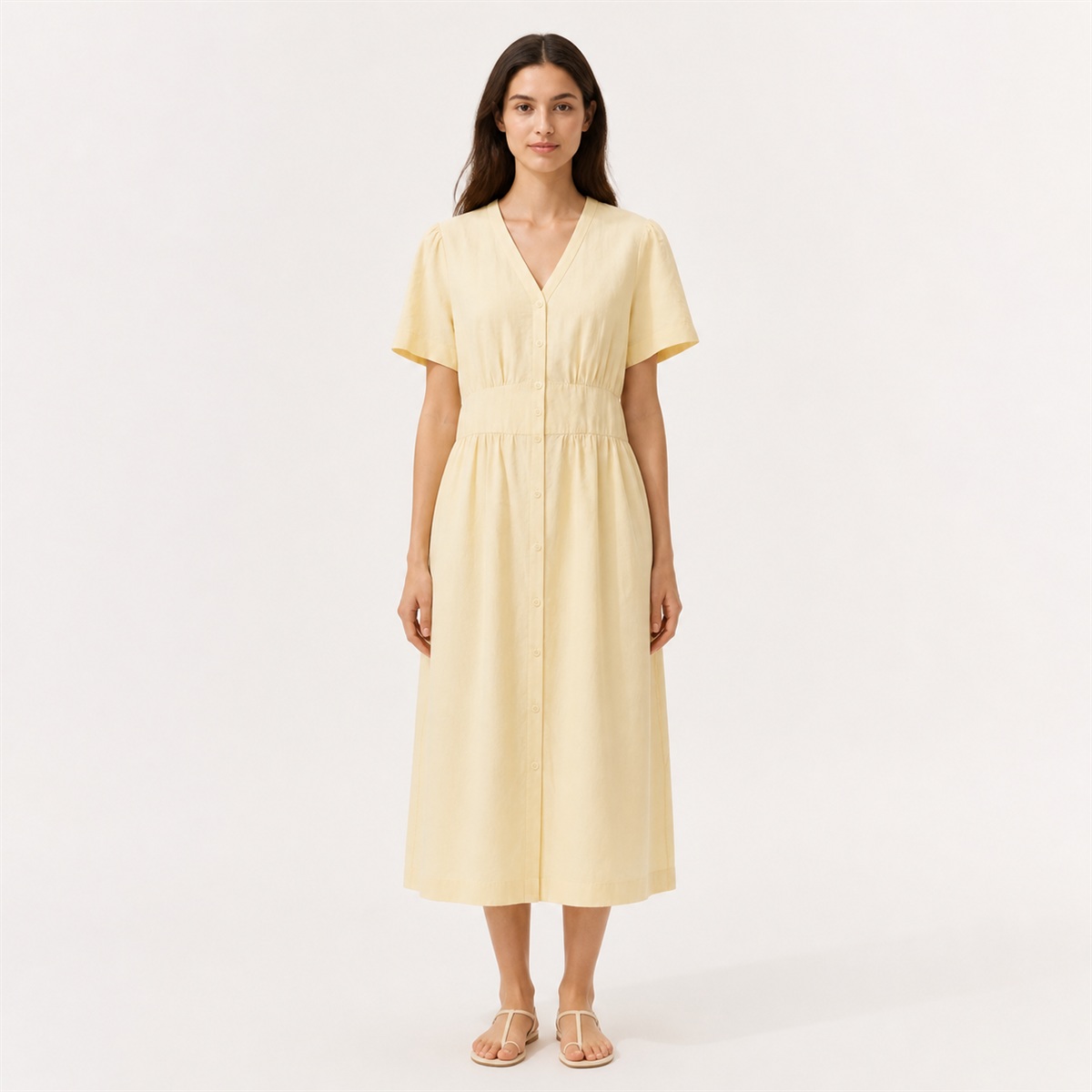 Robe midi en lin mélangé beige - vue de face