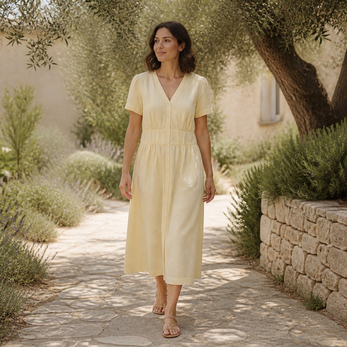 Robe midi beige portée dans un jardin méditerranéen