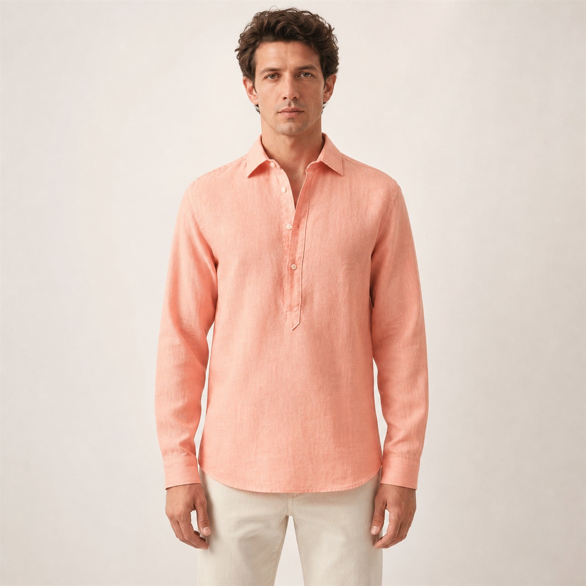 Chemise homme 100 % lin saumon - vue de face