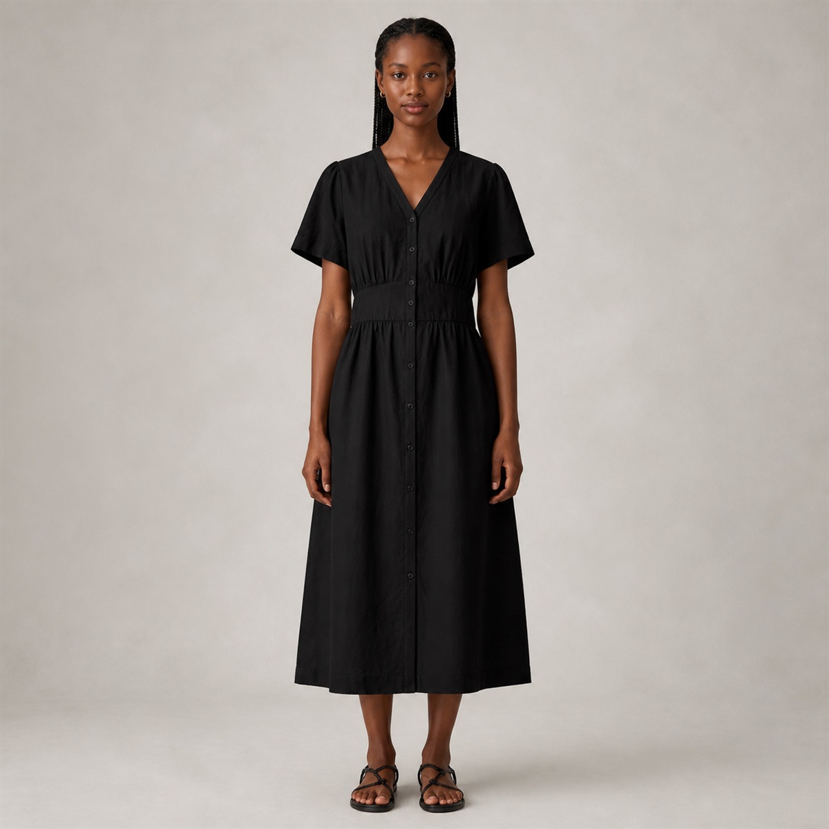Robe midi en lin mélangé noire - vue de face