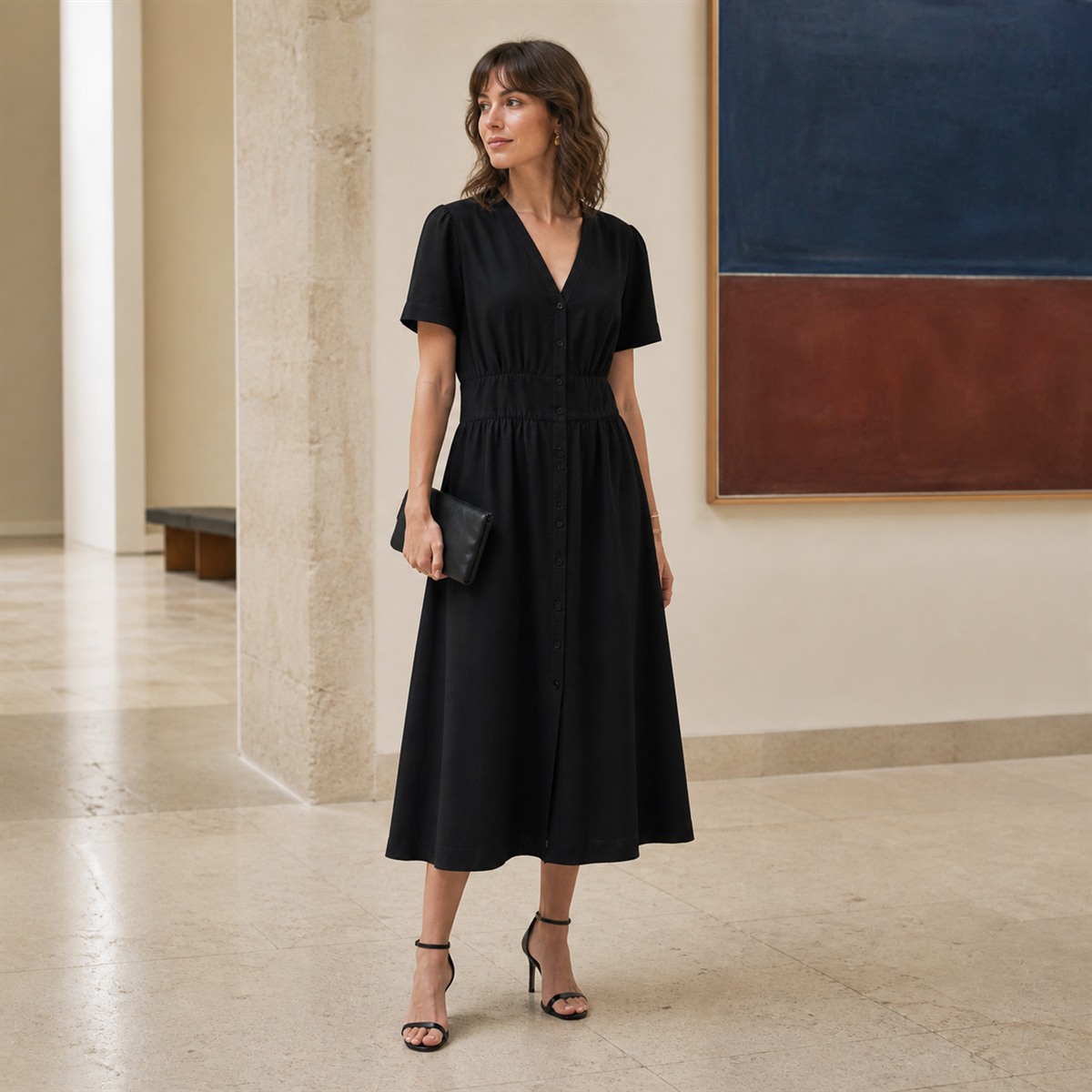 Robe midi noire portée dans une galerie contemporaine
